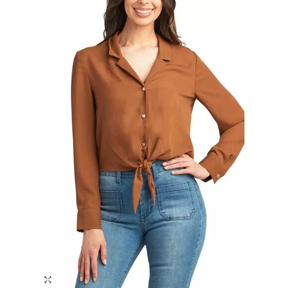 NEW BCX Retro Brown Tie Front Blouse SZ Large 70's Chiffon Boho Neutral Top NWT - Picture 3 of 11